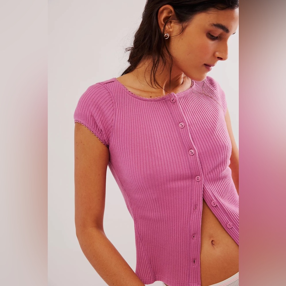 Free People Mauve Pink Button-Front Short Sleeve Top
